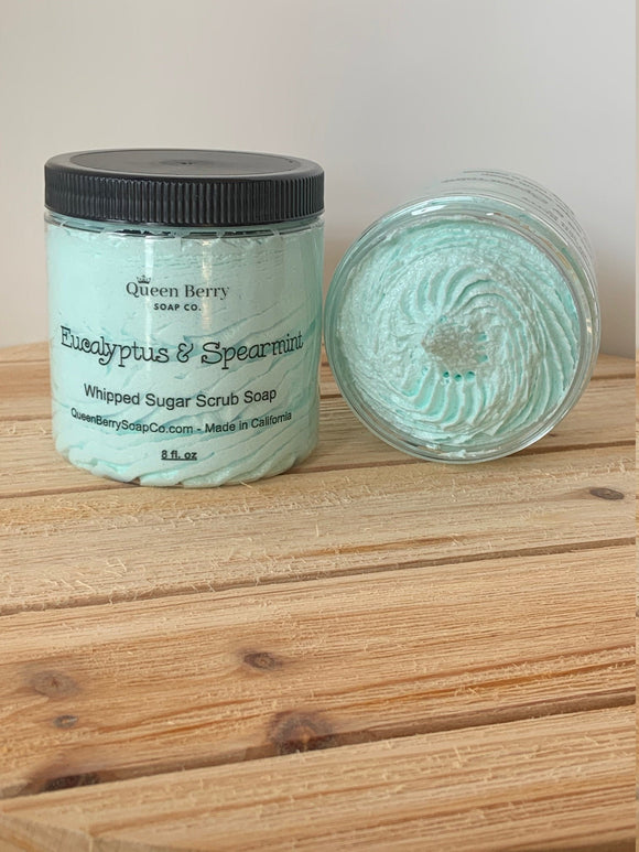 Whipped Sugar Scrub Soap - Eucalyptus and Spearmint - Stress Reliever  -  Exfoliate, Cleanse - Paraben and Cruelty Free